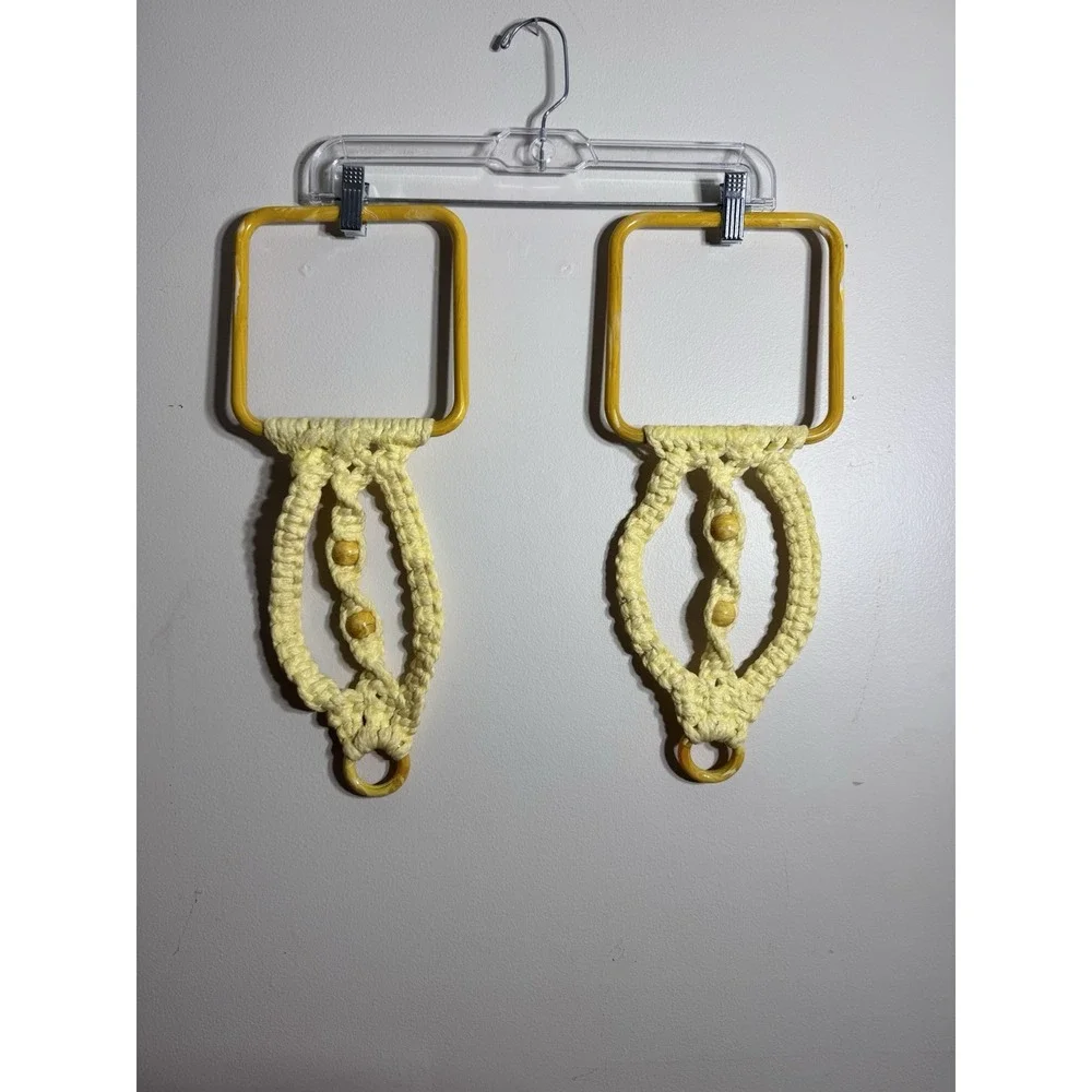 Pair Of Vintage Macrame Towel Holder Yellow Bohemian Mid Century MCM Wall Hang